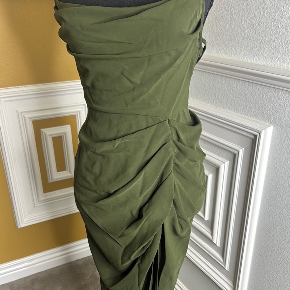 Elegant Olive Green Ruched Dress - Picture 5 of 9